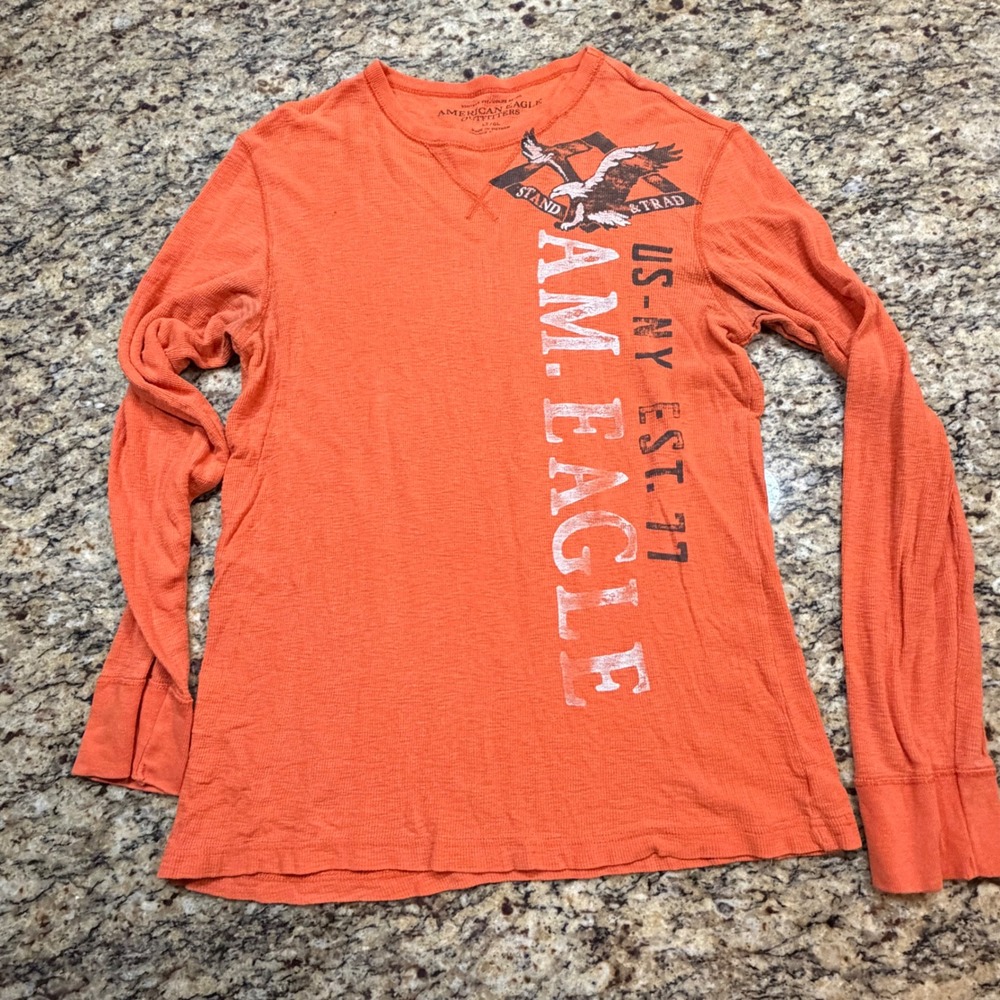 American Eagle Outfitters Mens Orange Thermal Waffle Knit Graphic Shirt  L v
